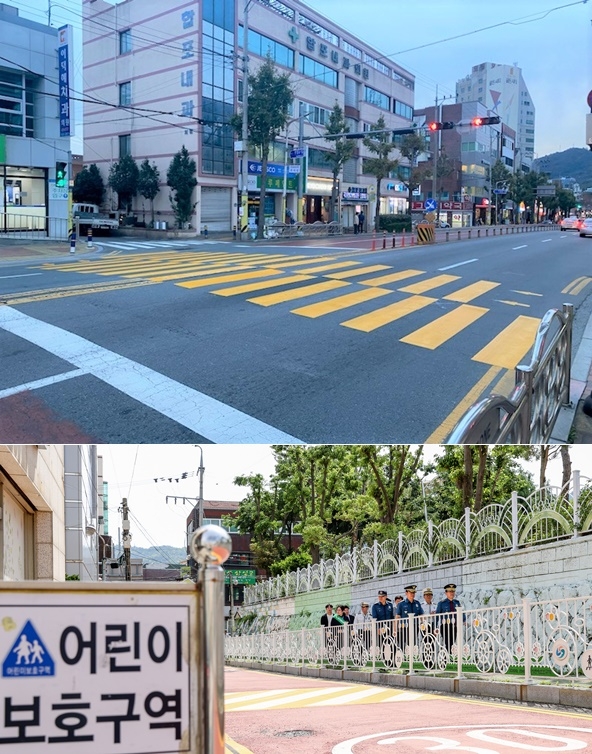 노란색 횡단보도와 마산 월영초 점검 모습.(사진제공=경남경찰청)