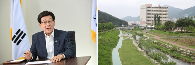 정종복 기장군수와 정관읍 좌광천 모습.(사진제공=부산 기장군)