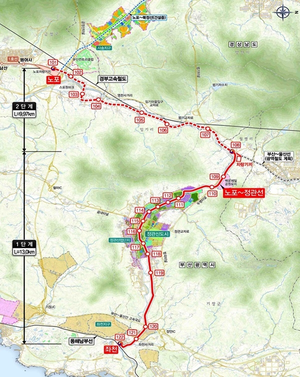부산도시철도 노포~정관선 위치도 및 노선도.(제공=정동만의원실)