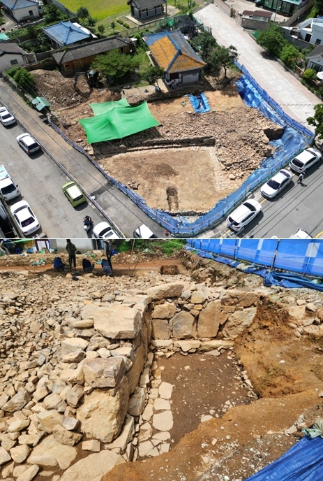 (위)기장읍성 정밀발굴조사 전경/(아래) 정밀발굴조사로 확인된 체성과 치.(제공=부산 기장군)