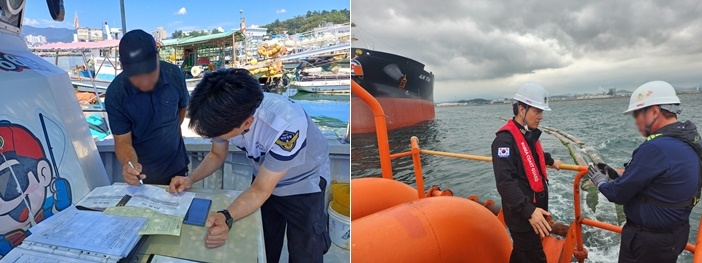 남해지방해양경찰청 해양환경감시원이 폐기물 기록부 작성방법을 교육하고 있다./원유부이 관리를 점검하고 있다.(사진제공=남해해경청)
