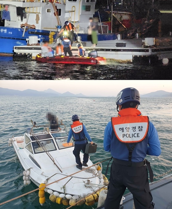 (위사진)통영해경이 9월 29일 0시 5분경, 거제시 장목면 이수도 내 응급환자가 발생했다는 신고를 접수받고 경비함정을 급파해 구조하고 있다./(아래사진) 통영해경이 9월 29일 오후 6시 13분경, 통영시 한산면 비진도 앞 해상에서 레저활동 중 배터리 방전된 보트 안전조치하고 있다.(사진제공=남해해경청)