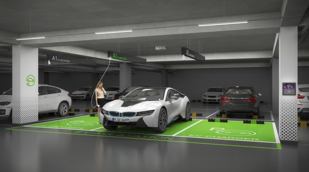 ▲㈜한화 건설부문과 LG유플러스가 개발한 ‘포레나 EV 에어 스테이션’(사진=한화 건설부문)