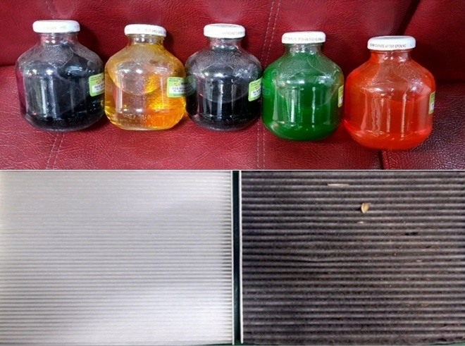 요즘 출시되는 부동액은 제품마다 색상과 배합비가 달라서 타제품과 혼합하면 화학적 반응으로 성능이 저하되기 때문에 고유색으로 혼합을 방지하고 있다./정상부품(좌)과 겨울철 교환주기가 지난 오염 상태가 심한 부품(우)으로 주행 고장과는 관계없지만, 차내에서 히터작동 시 냄새가 발생한다.(제공=자동차시민연합)