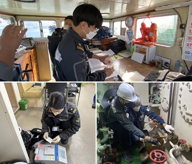 (사진위부터 시계방향) 연료유 샘플 시료 채취/ 연료유 시료 채취/황함유량 분석기 이용 황 분석 모습.(제공=울산해양경찰서)