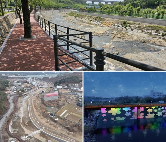 (사진위부터 시계방향으로)송정천 산책로 조성 후 모습/장안천 철도교 산책로 조성 후 조감도/일광천 산책로 공사 진행 모습. (사진제공=부산 기장군)