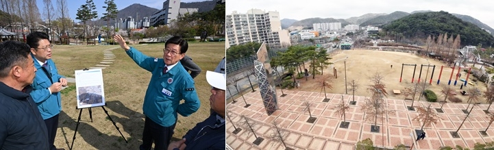 정종복 기장군수가 지역주민과 함께 정관 중앙공원에서 지하저류시설 설치 계획을 점검하고 있다./지하저류시설이 들어설 정관 중앙공원 일원.(제공=부산 기장군)
