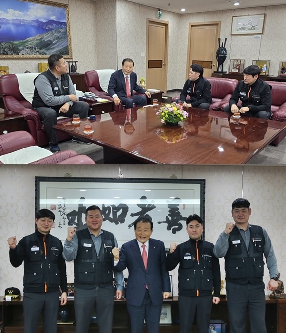 양재생 회장이 르노코리아 노조집행부와 간담회를 갖고 기념촬영.(사진제공=부산상의)