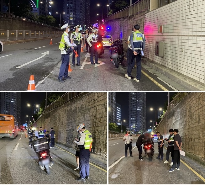 이륜차 야간 단속모습.(사진제공=부산경찰청)