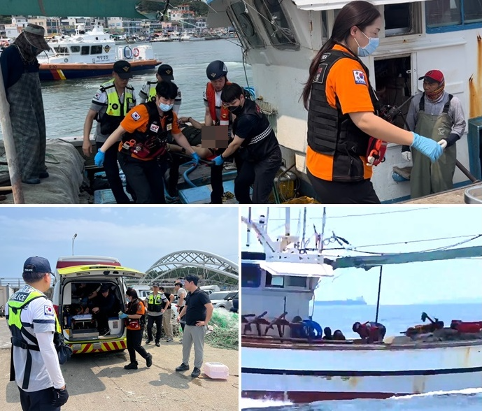 경찰관이 운항중인 선박 갑판위에 올라가서 심폐소생술을 한 뒤 들것으로 옮겨 119구급차로 이송하고 있다.(사진제공=울산해경)