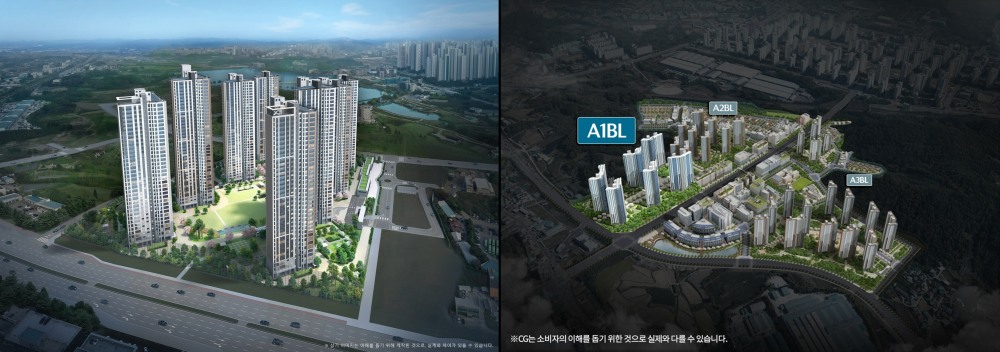 (좌)성성자이 레이크파크, (우)아산탕정자이 퍼스트시티 A1·A2·A3블록 조감도.(사진=GS건설)
