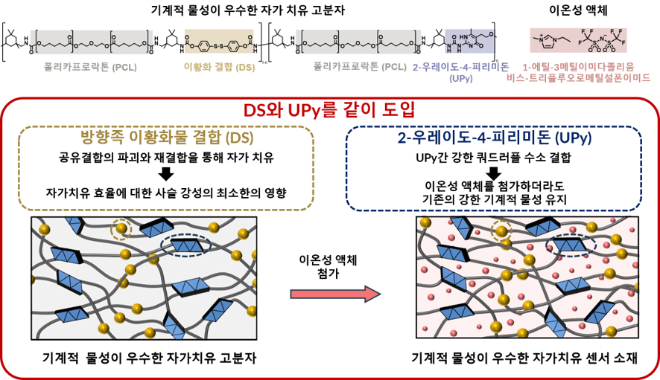 DS와 UPy를 동적 결합으로 도입하였을 때 자가치유 고분자와 센서 소재의 물성. 사진=한국연구재단