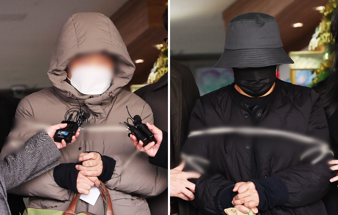 고개 숙인 '수원 전세사기' 정모 씨 일가.(사진=연합뉴스)