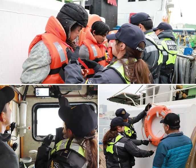 구명조끼 착용 당부/구명환 사용 설명/외국인선원 대상 SOS버튼 누르기 교육/(사진제공=부산해양경찰서)