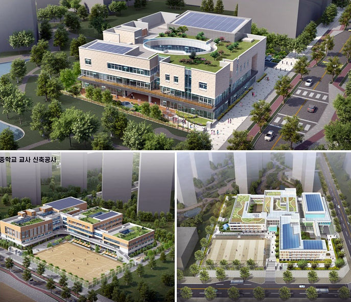 (사진위부터 시계방향으로)여울유·대저중앙초·가락중 조감도. (제공=부산교육청)