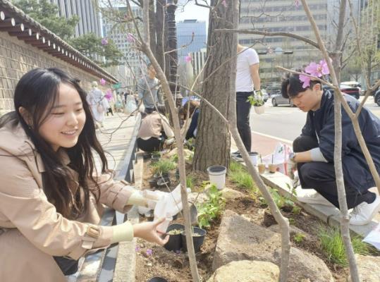지난해 경복궁 도로변에 녹지를 조성 중인 종로구 직원들의 모습