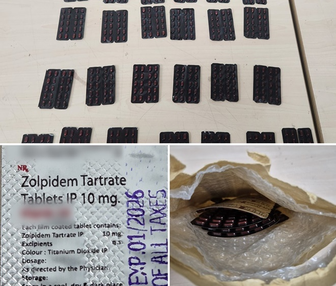 (사진위부터 시계방향)국제우편으로 들여온 졸피뎀우편물 내부통관 검사 당시 사진/졸피뎀 적발 현품 사진/졸피뎀 현품 뒷면 사진.(사진제공=부산세관)