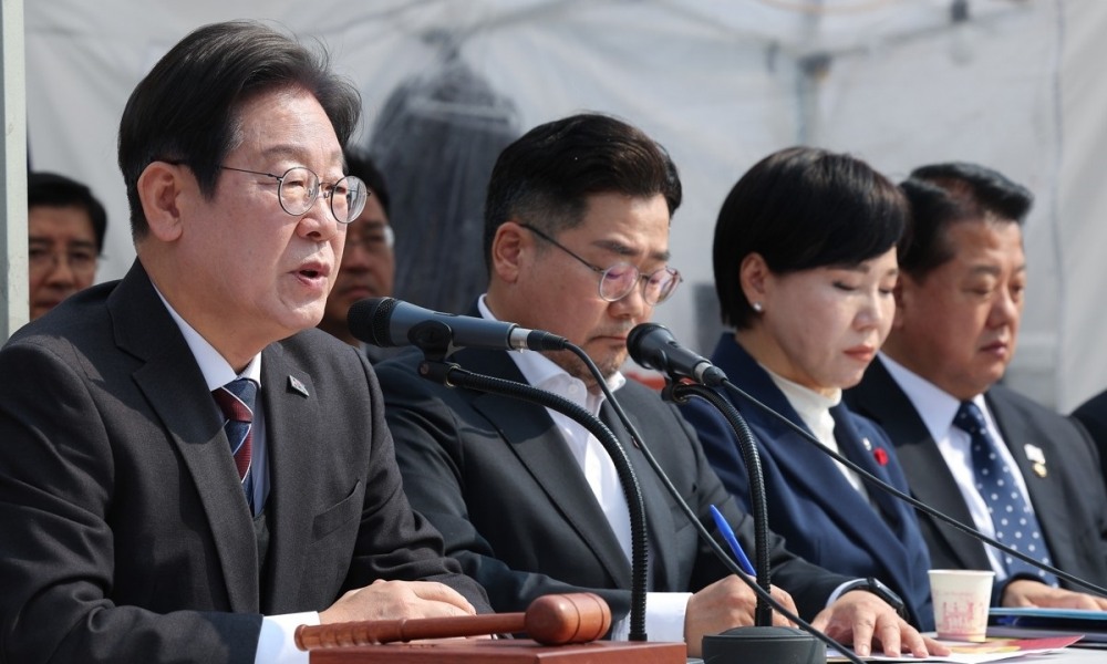 천막당사 최고위에서 발언하는 이재명 대표(사진=연합뉴스)