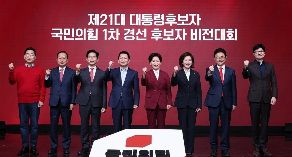 왼쪽부터 국민의힘 유정복, 홍준표, 김문수, 안철수, 양향자, 나경원, 이철우, 한동훈 후보(사진=연합뉴스)