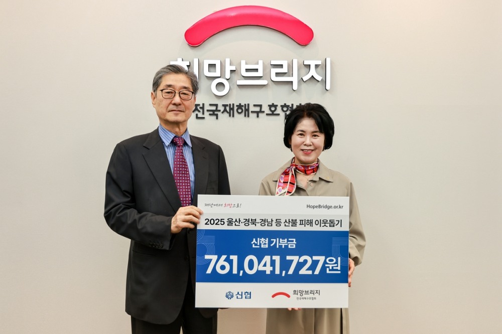 왼쪽부터 송필호 전국재해구호협회장과 박규희 신협사회공헌재단 부문장이 기부금 전달식을 진행하고 있다. 사진=신협중앙회