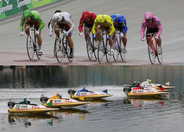 광명스피돔에서 열리는 경륜 경주(위 사진)와 미사경정장에서 열리는 경정 경주.(사진=국민체육진흥공단)