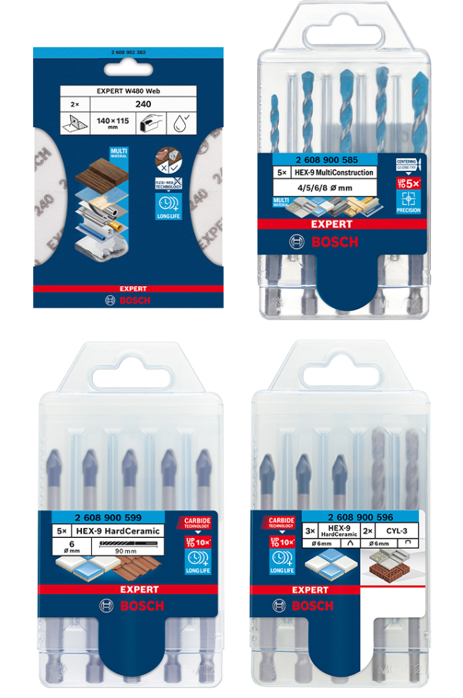 시계방향으로 EXPERT W480 Web 핸드 샌딩 페이퍼, HEX-9 멀티컨스트럭션 드릴비트 5종 세트, 하드세라믹 & 드릴비트 5종 세트, 하드세라믹 드릴비트 5종 세트.(사진=보쉬 전동공구)