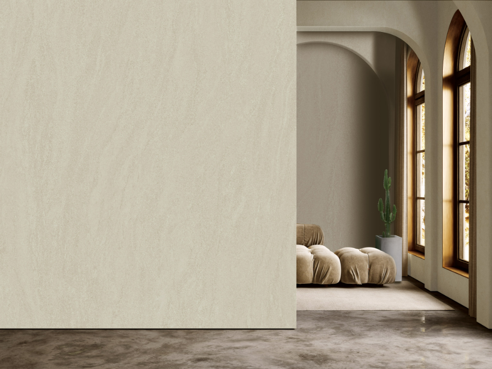 벽면에 시공된 kcc글라스 홈씨씨 '비센티 인테리어필름' 이모션 사하라.(사진=KCC글라스)