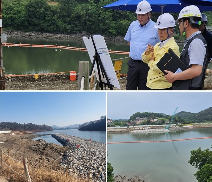 서홍원 낙동강유역환경청장이 가산지눅 사업구간 내 홍수취약지구현장에서 보고를 받고 있다. /가화천 가산지구 현장(전경 및 방파제). (사진제공-낙동강유역환경청)
