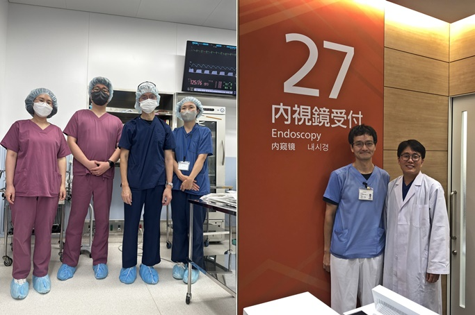 오사카 국제암센터 내시경 시술을 마치고 고신대병원 간호사 2명(왼쪽), 오른쪽 두번째가 우에도 박사./ 오사카 국제암센터서우에도 박사(왼쪽)와 정경원 교수(오른쪽)가 기념촬영.(제공=고신대병원)