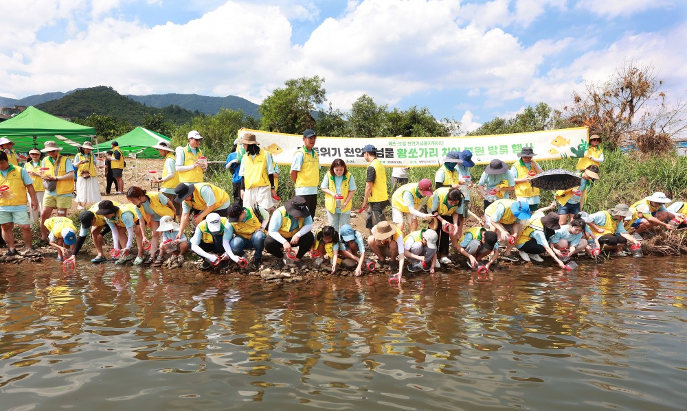 S-OIL 임직원 가족, 대학생 천연기념물지킴이단 등 봉사활동 참가자들이 황쏘가리 치어를 방류하고 있다.(사진=에쓰오일)