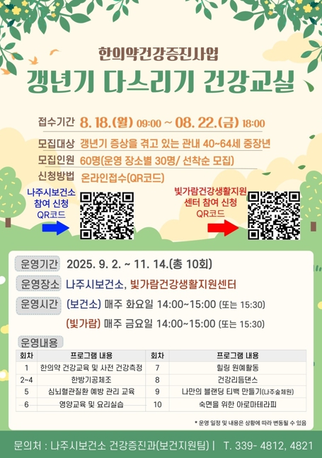 나주시가 하반기에 실시 예정인 ‘갱년기 다스리기 건강 교실’ 참여자 모집 안내문.