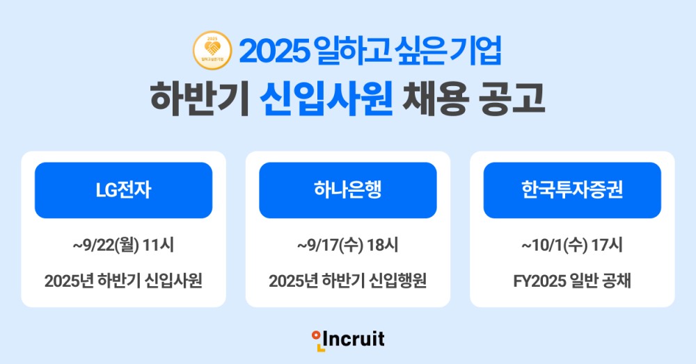 인크루트, ’LG전자’·‘하나은행’·’한국투자증권’ 하반기 신입 채용 공고 소개
