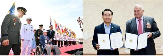 유정복 인천시장이 15일 인천 내항8부두에서 열린 ‘제75주년 인천상륙작전 전승기념행사’에서 참전용사와 입장하고 있다(왼쪽 사진). 유정복 인천시장이 16일 시청 접견실에서 조셉 레인스 주니어 더글라스 맥아더 재단 대표이사와 협약을 체결했다.(사진=인천시)