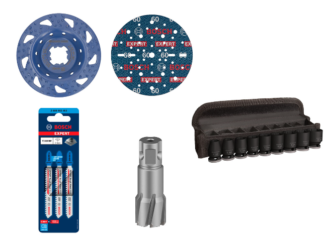 시계 방향으로 'EXPERT 카바이드 5인치 X-Lock 연마헤드’, ‘EXPERT O780 포일 샌딩 디스크’, ‘PRO 임팩트 소켓 세트’, ‘PRO Metal TCT 브로치 커터‘, 'EXPERT Tough Metal 직소날’.(사진= 보쉬 전동공구)