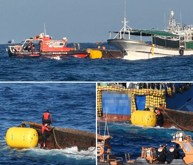 리프팅 백 설치 모습.(사진제공=울산해경)