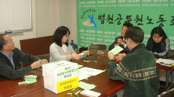 ▲법원노조중앙선거관리위원회위원들이투표종료직후부재자투표함을개봉해개표하고있다.