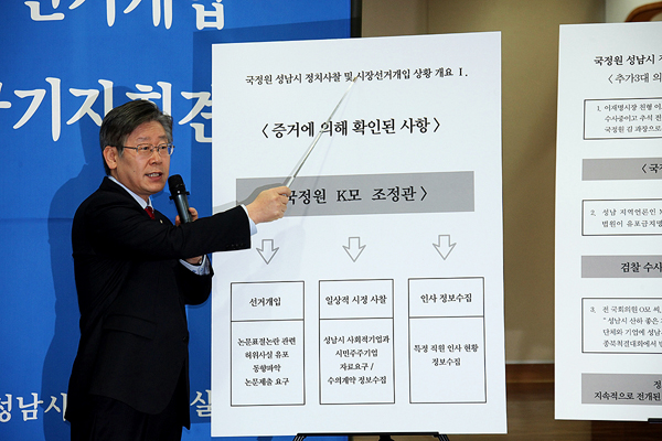 ▲7일기자회견장에서설명하는이재명성남시장(사진제공=성남시청)