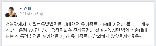 ▲김진애전새정치민주연합의원이8일페이스북에올린글