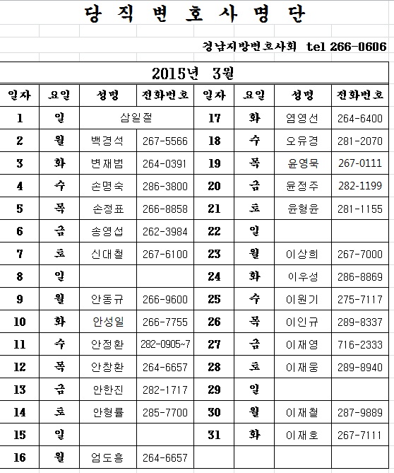 ▲3월당직변호사명단.(제공=경남지방변호사회)