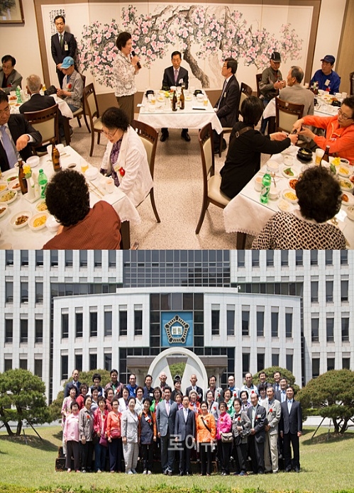 ▲(사진위)어르신들과함께오찬을하고법원을배경으로윤인태부산고법원장과단체기념촬영을하고있다.(사진제공=부산고법)