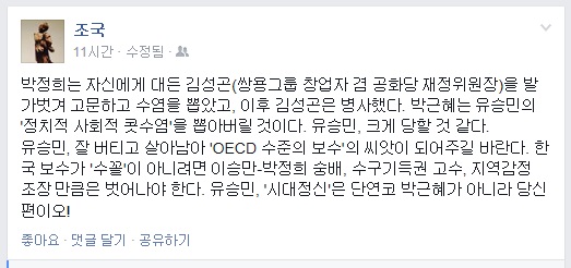 ▲조국서울대법학전문대학원교수가25일페이스북에올린글