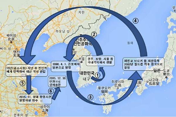 ▲피고인과내연녀의국외도피개요도.(제공=대구지검서부지청,지도이미지출처:구글맵)