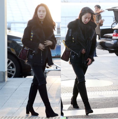 송지효 무스탕으로 섹시하게 공항패션 뽐내…