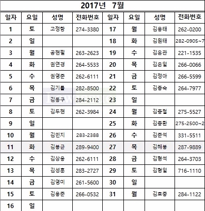 7월 당직변호사 일자 및 명단
