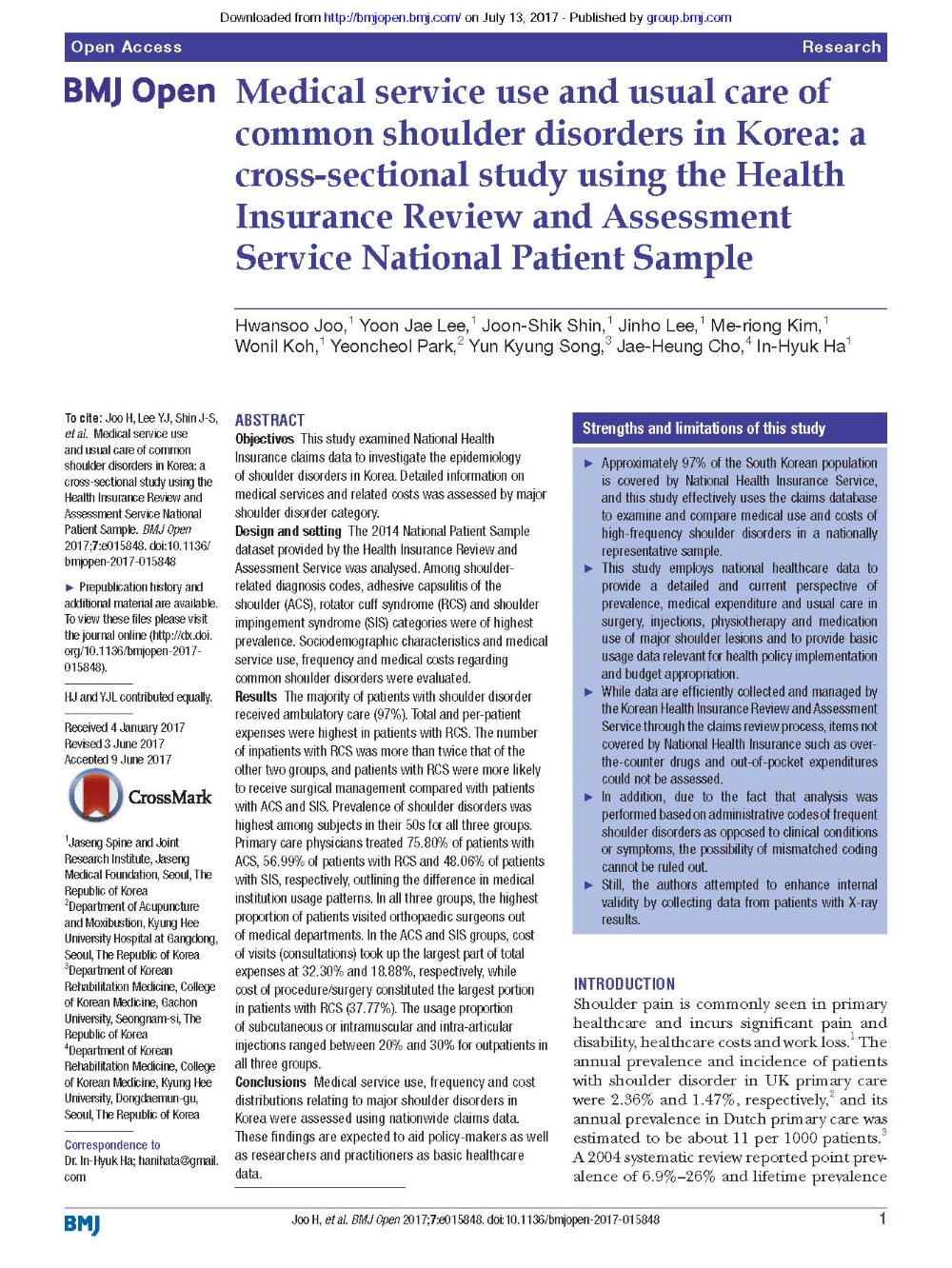 자생의료재단 척추관절연구소(JSR) 주환수∙이윤재 연구팀이 BMJ open에 게재한 ‘국내 다빈도 견관절 분석’ 연구(사진= 자생의료재단 제공)