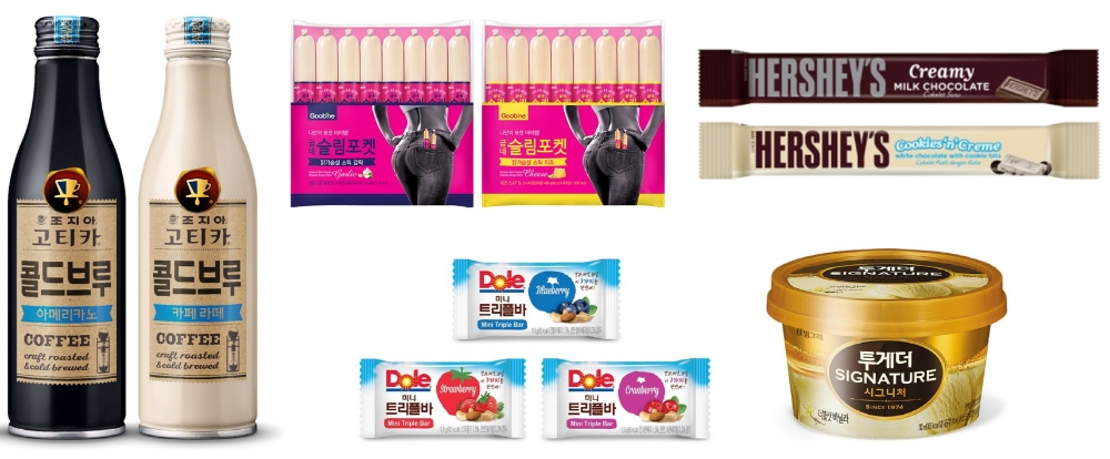 코카-콜라사 ‘조지아 고티카 콜드브루’, 굽네치킨 ‘굽네 슬림포켓 닭가슴살 스틱’, 허쉬 ‘허쉬 15g 미니바’, Dole ‘미니트리플바’, 빙그레 ‘투게더 시그니처 싱글컵’ 제품 이미지.(사진=코카콜라)
