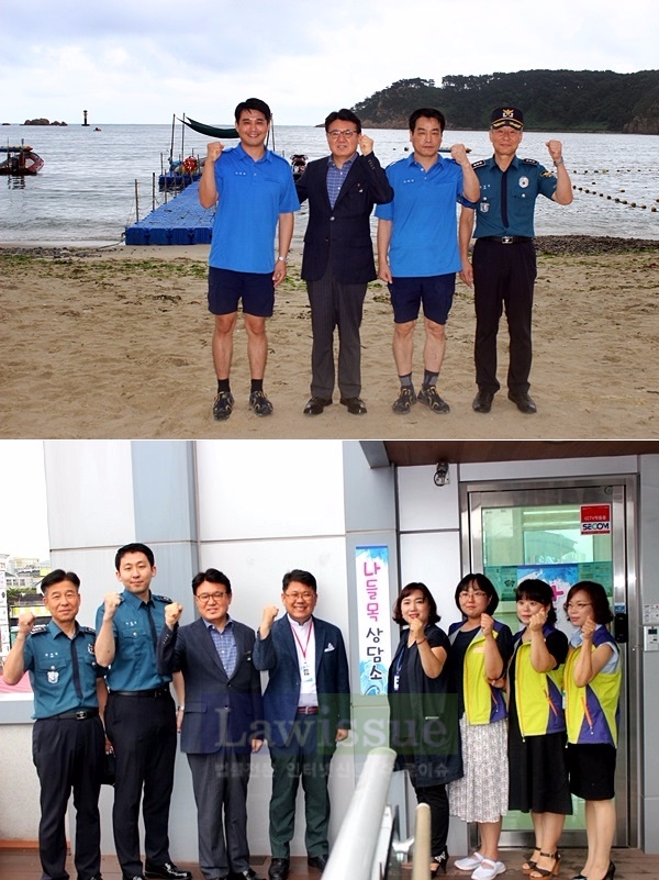 황운하 울산경찰청장(위사진 왼쪽 두번째)이 여름파출소와 나들목상담소를 방문해 근무자들을 격려하고 기념촬영을 하고 있다.