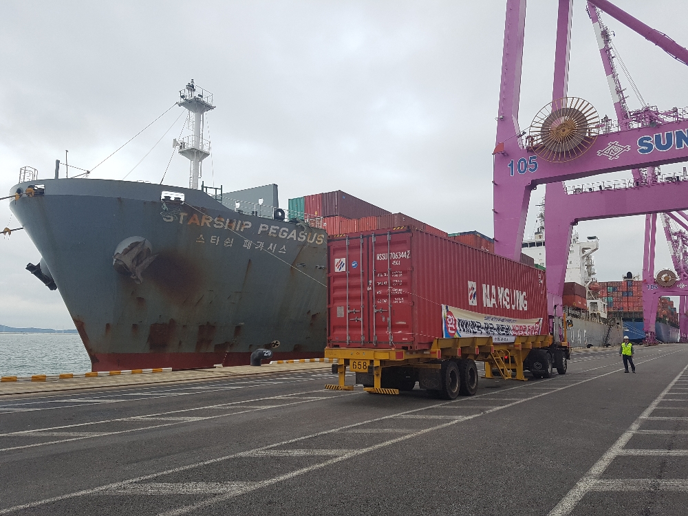 스타십 페가수스호가 16일 새벽 인천신항 선광컨테이너터미널(SNCT)에 첫 입항하고 있다. (사진=인천항만공사)
