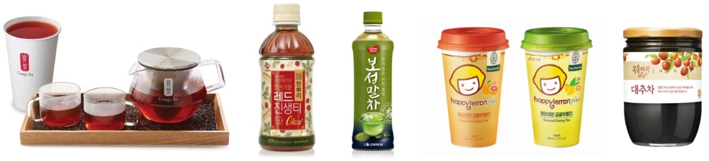 좌측부터 공차 보이티, 한뿌리 레드진생티, 동원F&B 보성말차, 빙그레 해피레몬 우롱티, 복음자리 대추차.(사진=함샤우트)