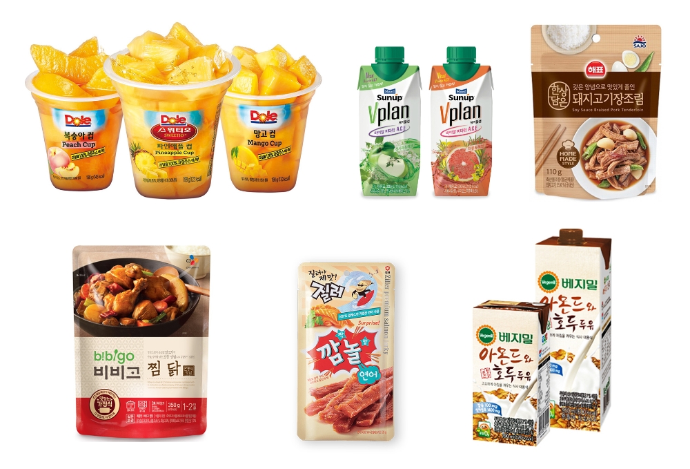 왼쪽위부터 시계방향으로 DOLE(돌), 매일유업 썬업, 사조해표, 정식품, 샘표 질러, CJ제일제당 비비고 이미지. (사진=돌코리아)